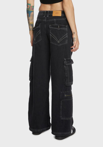 Low Rise Puddle Cargo Jeans - Black