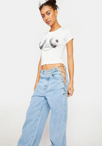 Relaxed Fit Chain Up High Rise Jeans