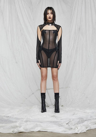 Synth Cutout Mesh Mini Dress
