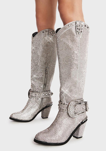 Sheriff Shine Knee High Boots - Silver