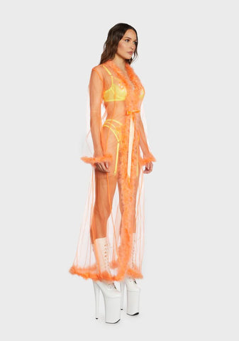 Orange Mistress In Marabou Long Robe