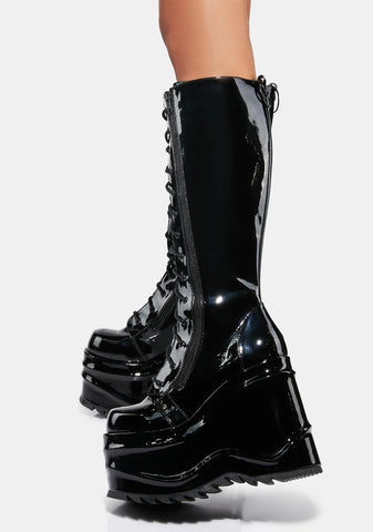 Patent Evil Intentions Wedge Knee High Boots