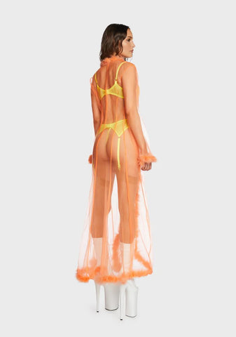 Orange Mistress In Marabou Long Robe