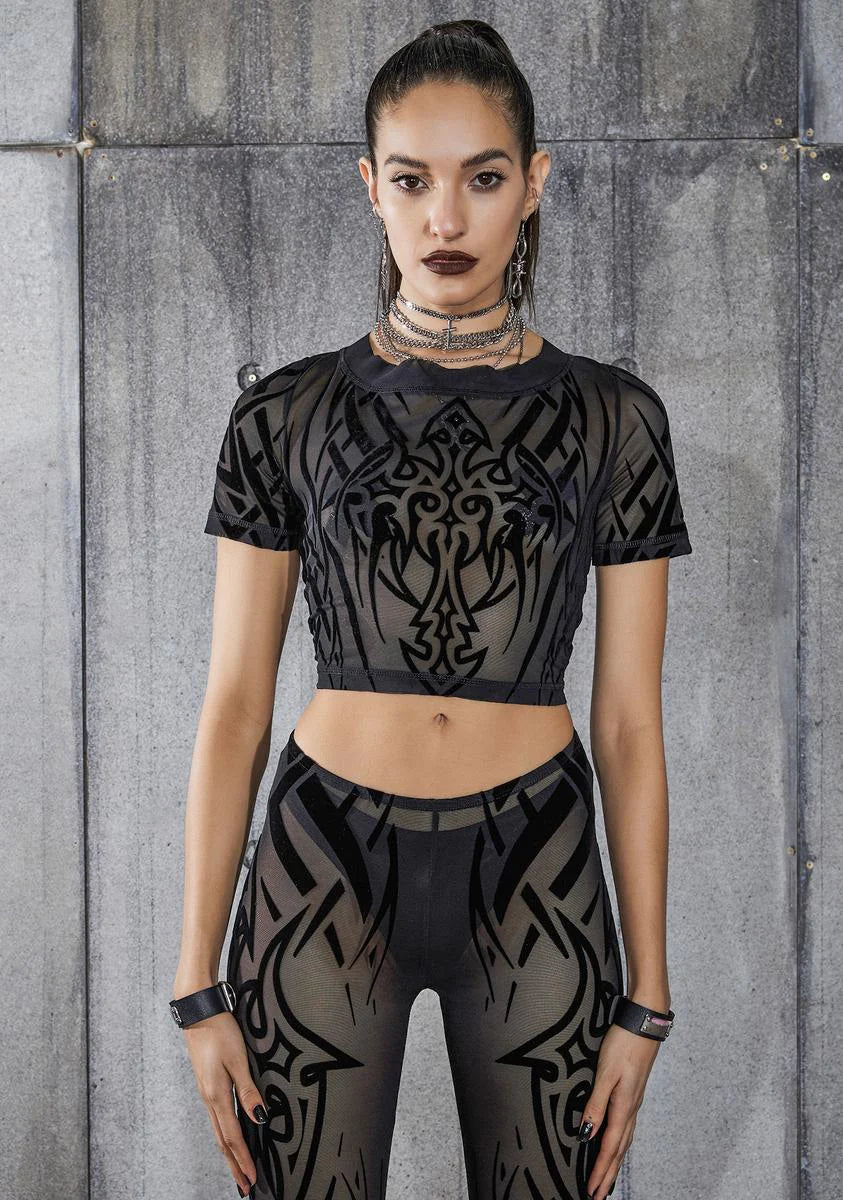 Snare Tattoo Print Mesh Crop Tee