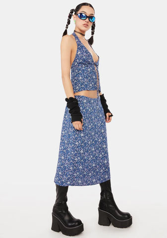 Retro Floral Blue Harriet Midi Skirt