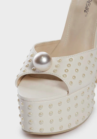Ecru Mia Satin Pearl Platform Heels