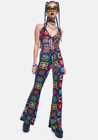 Retro Realness Crochet Print Flare Pants