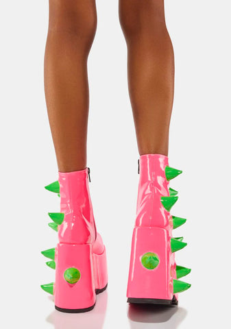 UV Neon Pink Slay-77 Spiked Platform Boots