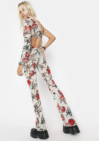 Beige Tattoo Rose Speed Racer Mesh Pants