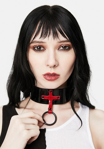 Thick Patent Choker With Red Cross And O-Ring