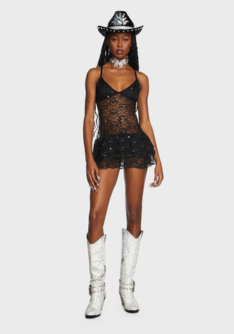 Dark Stilettos On Lace Rhinestone Dress