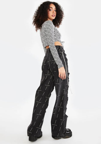 High Rise Baggy Boyfriend Jeans With Chain Detail And Distressing