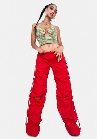 Red Cotton Wide Leg Cargo Trouser With Cut Out Ruched Detail