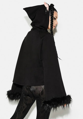 Cat Print Loose Fit Velvet Hoodie