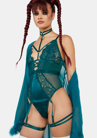 WW x Sammi Forest Green Satin & Lace Wired Harness Bodysuit