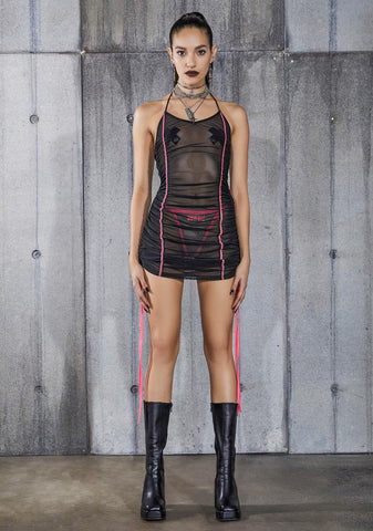 Snare Mesh Mini Dress With Pink Stitching