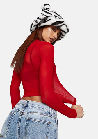 Red Mesh Long Sleeve Turtleneck