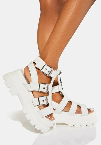 White GLD Zip Platform Sandals
