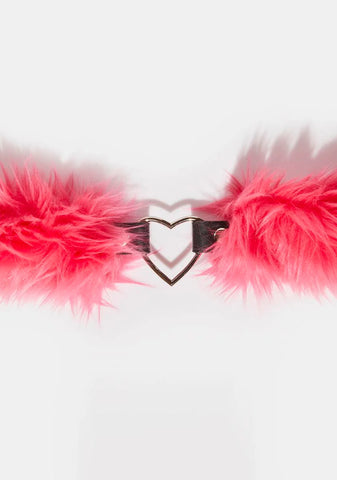Pink Faux Fur Heart Choker