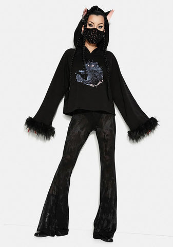 Cat Print Loose Fit Velvet Hoodie