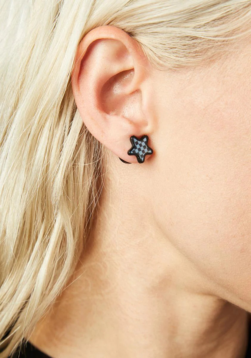 Star Studded Checkered Faux Plug Earrings