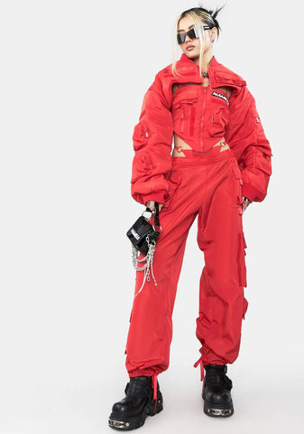 Red Nylon Bomber Choker Jacket