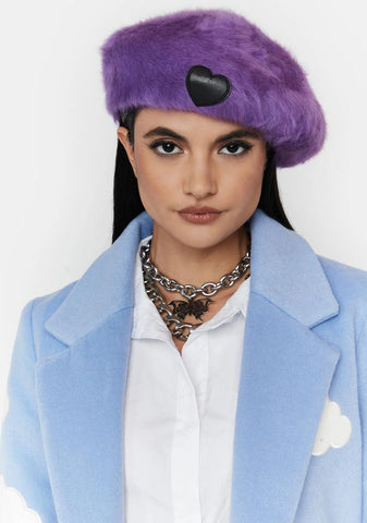 Ain't Easy Being Purple Fuzzy Heart Beret