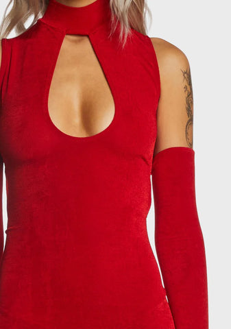 Red Cut Out Mini Dress With Gloves