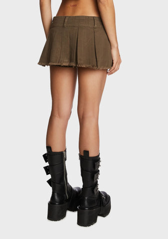 Washed Denim Pleated Micro Skort - Olive
