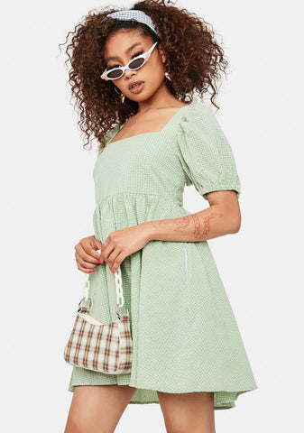 Sage Mellow Mood Puff Sleeve Mini Dress