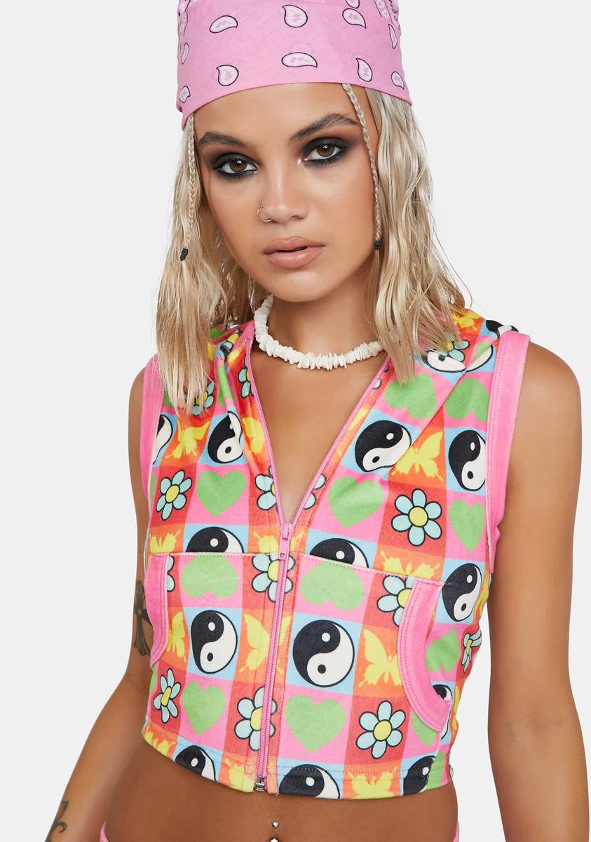 Velour Yin Yang Print Vest Hoodie