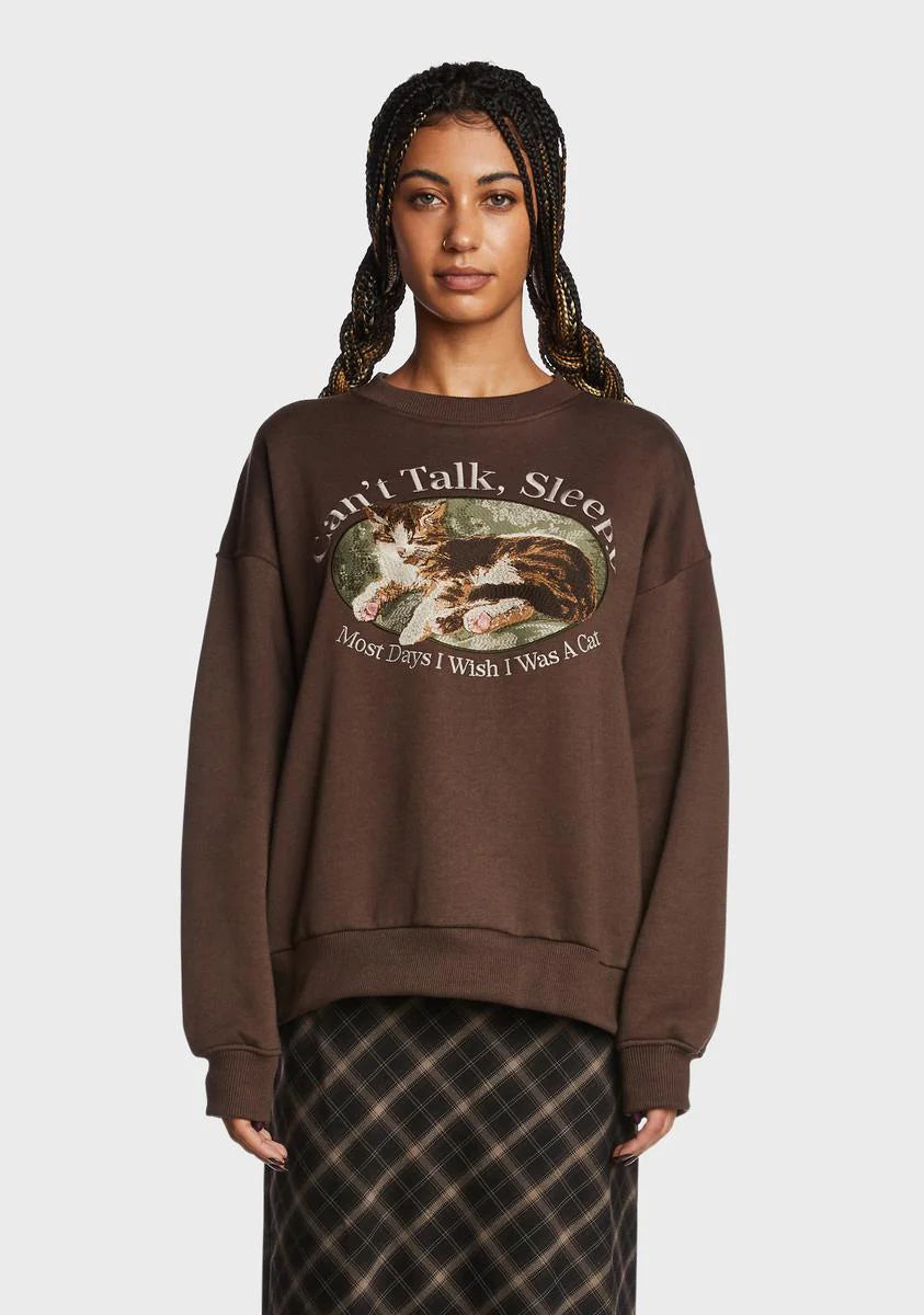 Can't Talk Cat Embroidered Sweatshirt