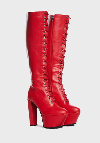 Red Chaperone Patent Knee High Platform Boots