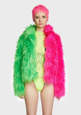 Balancing Act Faux Fur Jacket - Pink/Green
