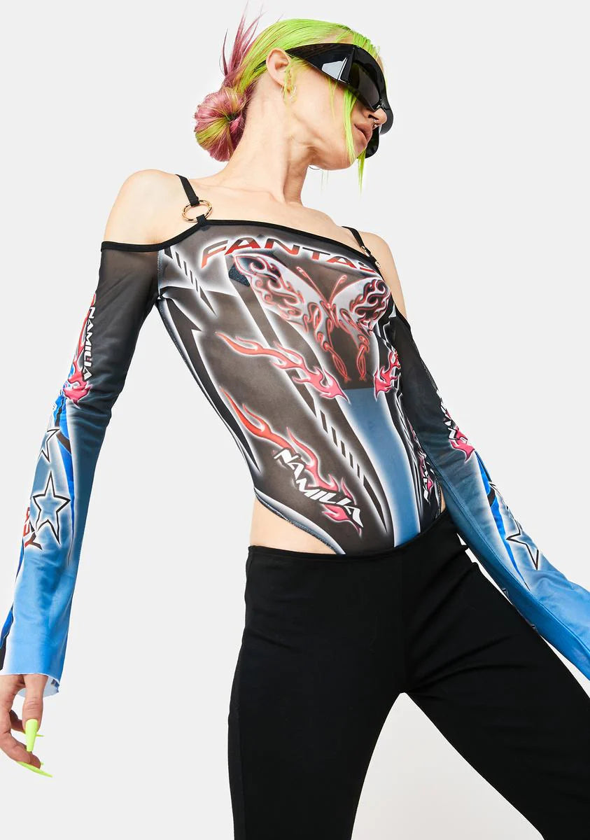 Fantasy Butterfly Off Shoulder Mesh Bodysuit