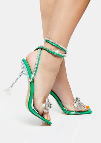 Green Glimmer Wrap Around Diamante Bow Heels