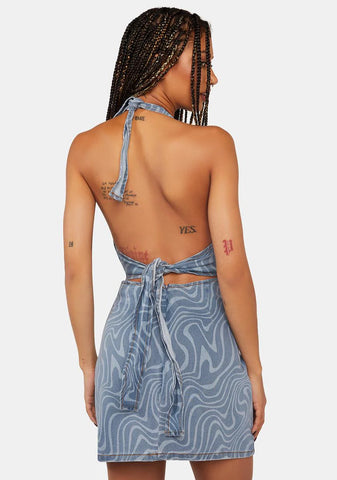 Denim Swirl Halter Mini Dress