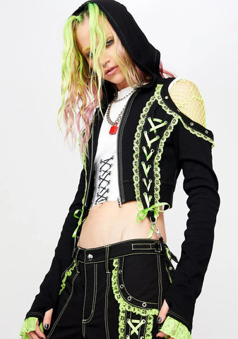 Green Lace Crop Hoodie