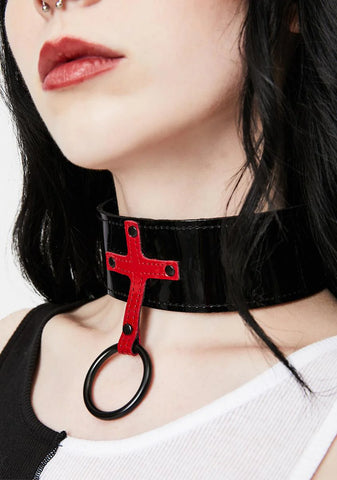 Thick Patent Choker With Red Cross And O-Ring