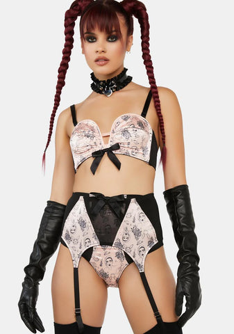 x Bettie Page Tattoo Print Black 4 Strap Suspender Belt