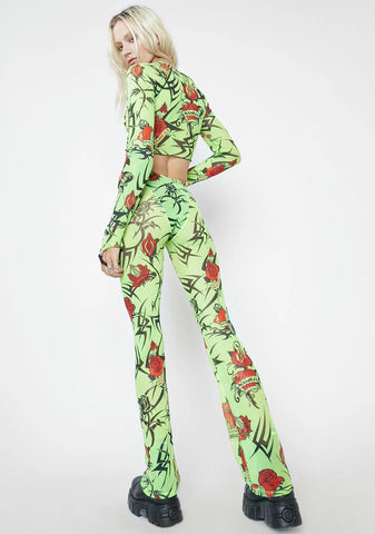 Neon Green Tattoo Rose Speed Racer Mesh Pants