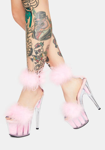Adore-724F Platform Marabou Ankle Cuff Sandals-Baby Pink