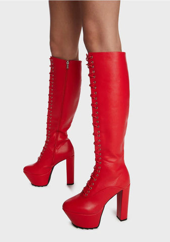 Red Chaperone Patent Knee High Platform Boots