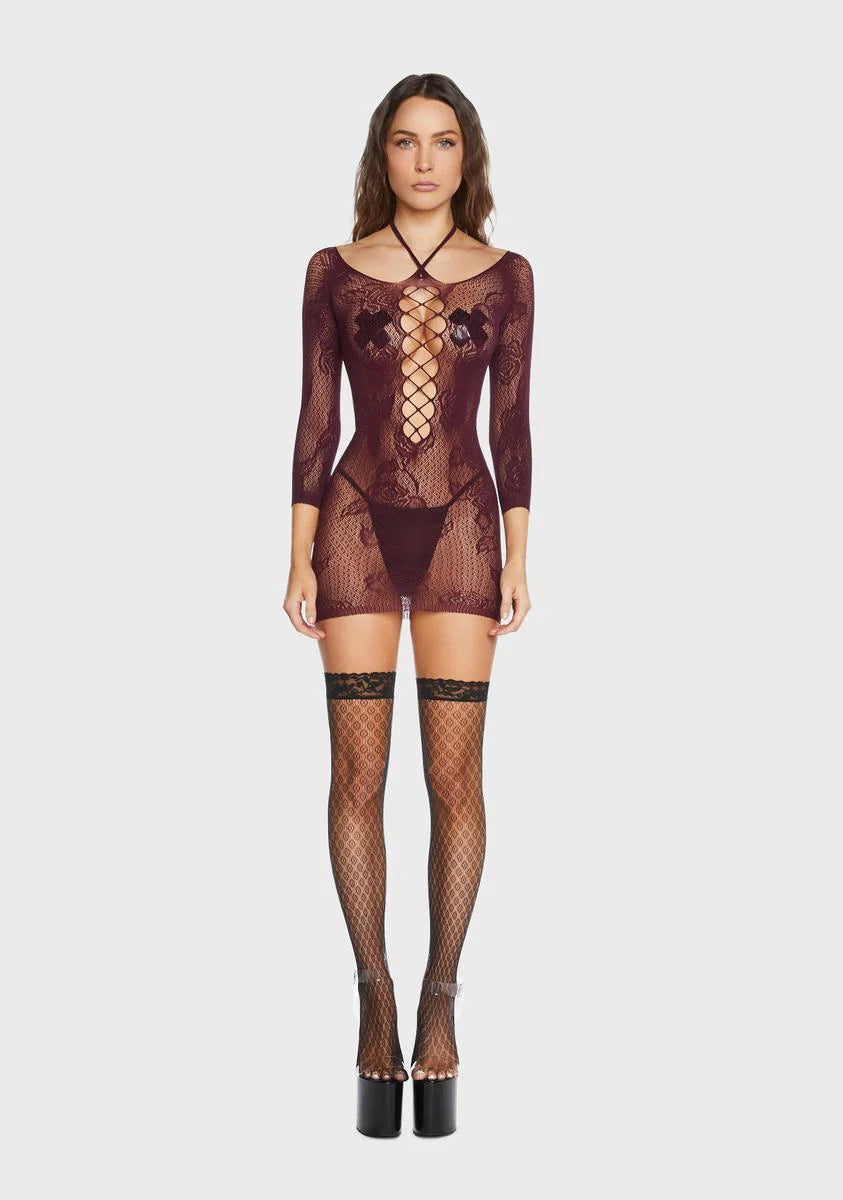 Burgundy Come On Over Sheer Bodystocking
