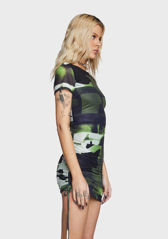 Ruching Detail Printed Mesh Mini Dress