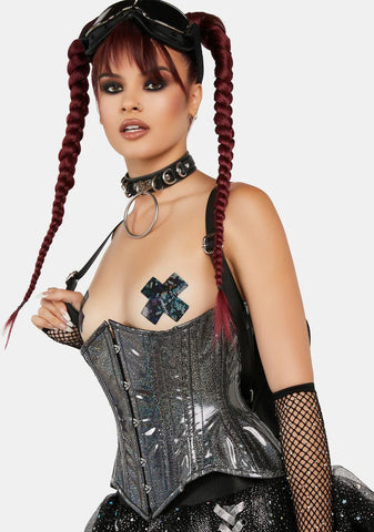 Black Rainbow Glitter Holo Double Steel Boned Waist Cincher Corset