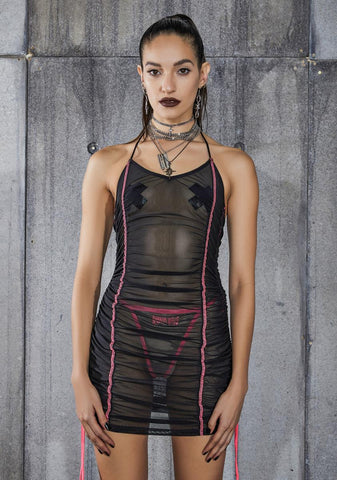 Snare Mesh Mini Dress With Pink Stitching