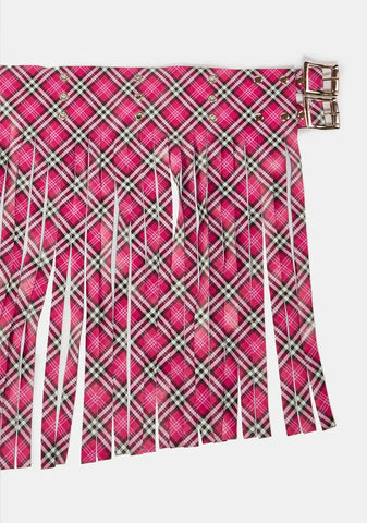Pink Plaid Fringe Belt Skirt