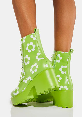 Orchis Charm Green Flower Power Combat Boots