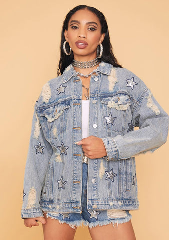 Star Power Distressed Denim Jacket
